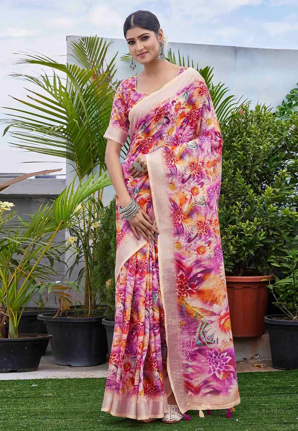 Purple Linen Saree With Blouse 296058