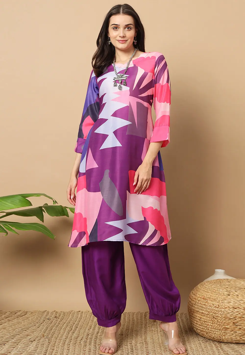 Purple Muslin Kurta Set With Dhoti 301188