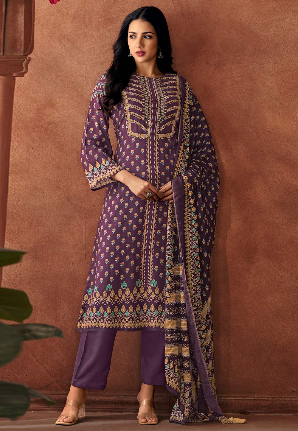Purple Muslin Pakistani Suit 310175