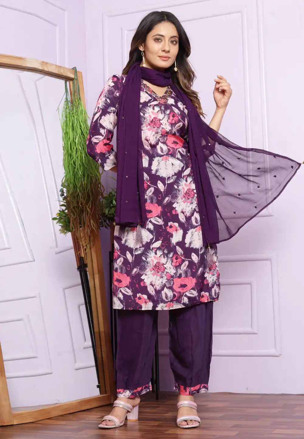 Purple Muslin Readymade Pant Style Suit 289439