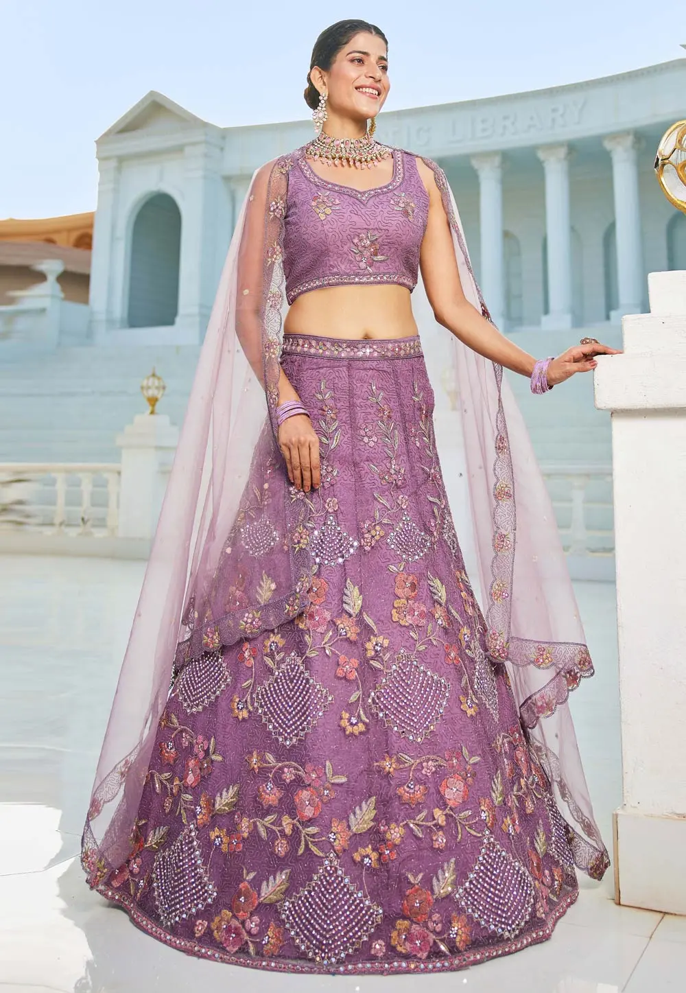 Purple Net A Line Lehenga Choli 304200