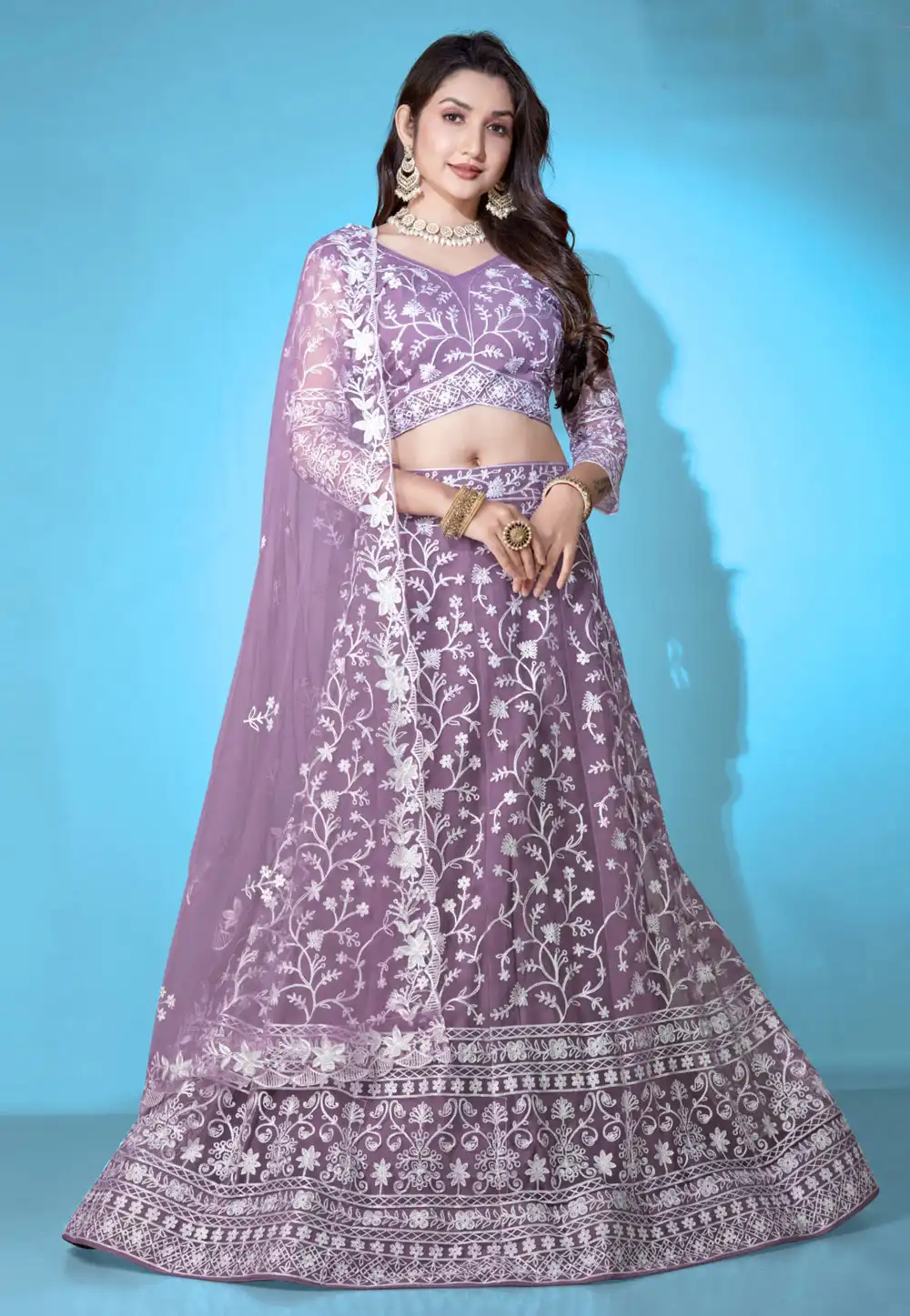 Purple Net A Line Lehenga Choli 294069