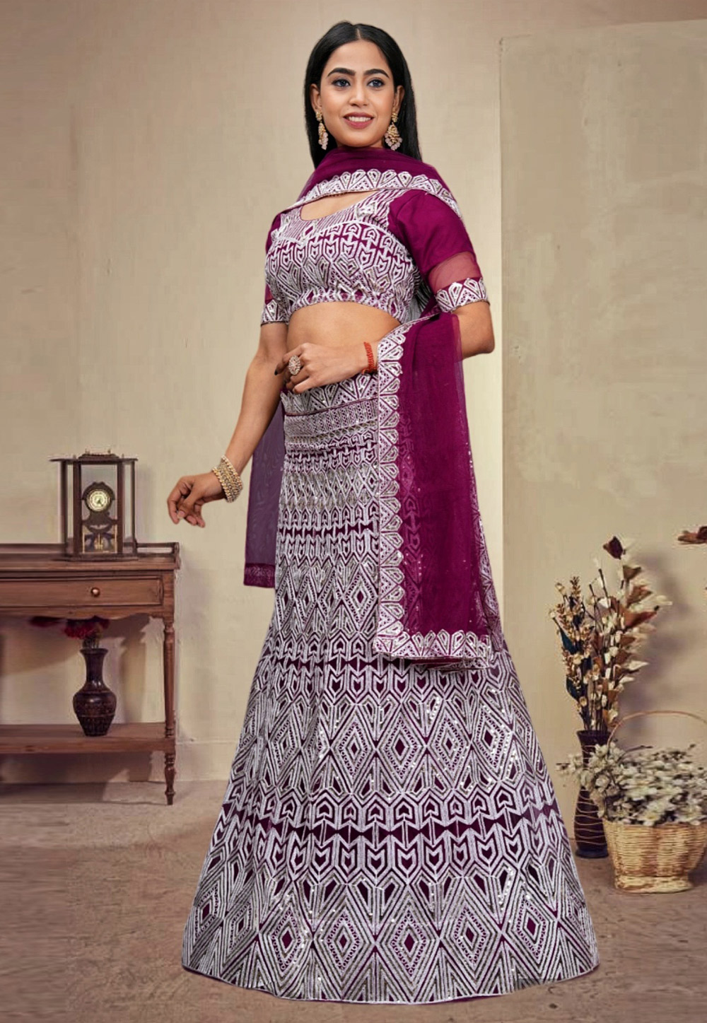 Purple Net A Line Lehenga Choli 287584