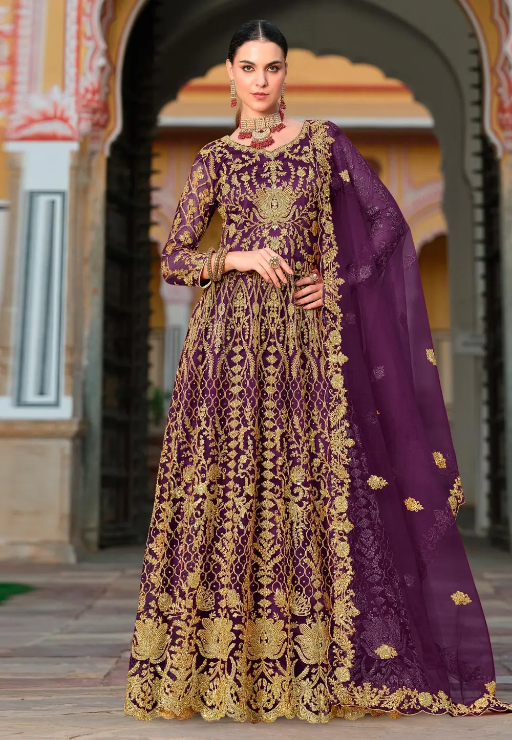 Purple Net Embroidered Floor Length Anarkali Suit 303311