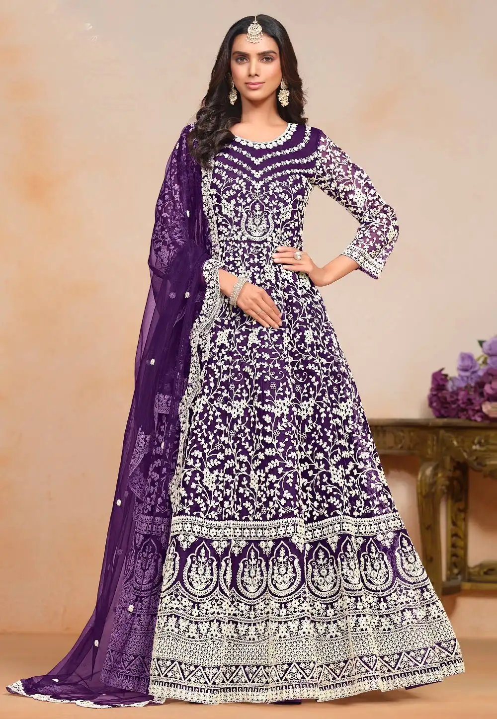 Purple Net Embroidered Long Anarkali Suit 295083