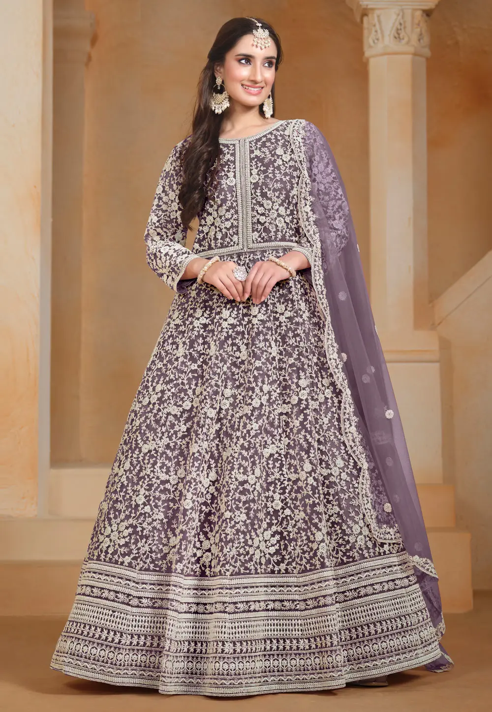 Purple Net Embroidered Long Anarkali Suit 296591