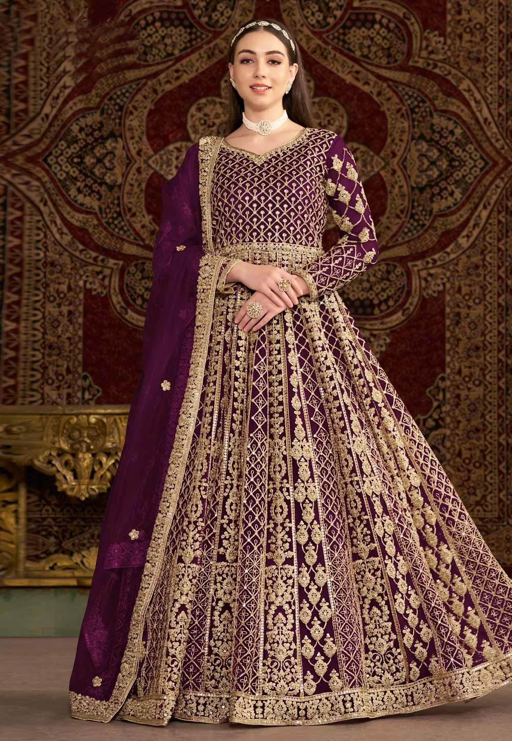 Purple Net Embroidered Long Anarkali Suit 299150