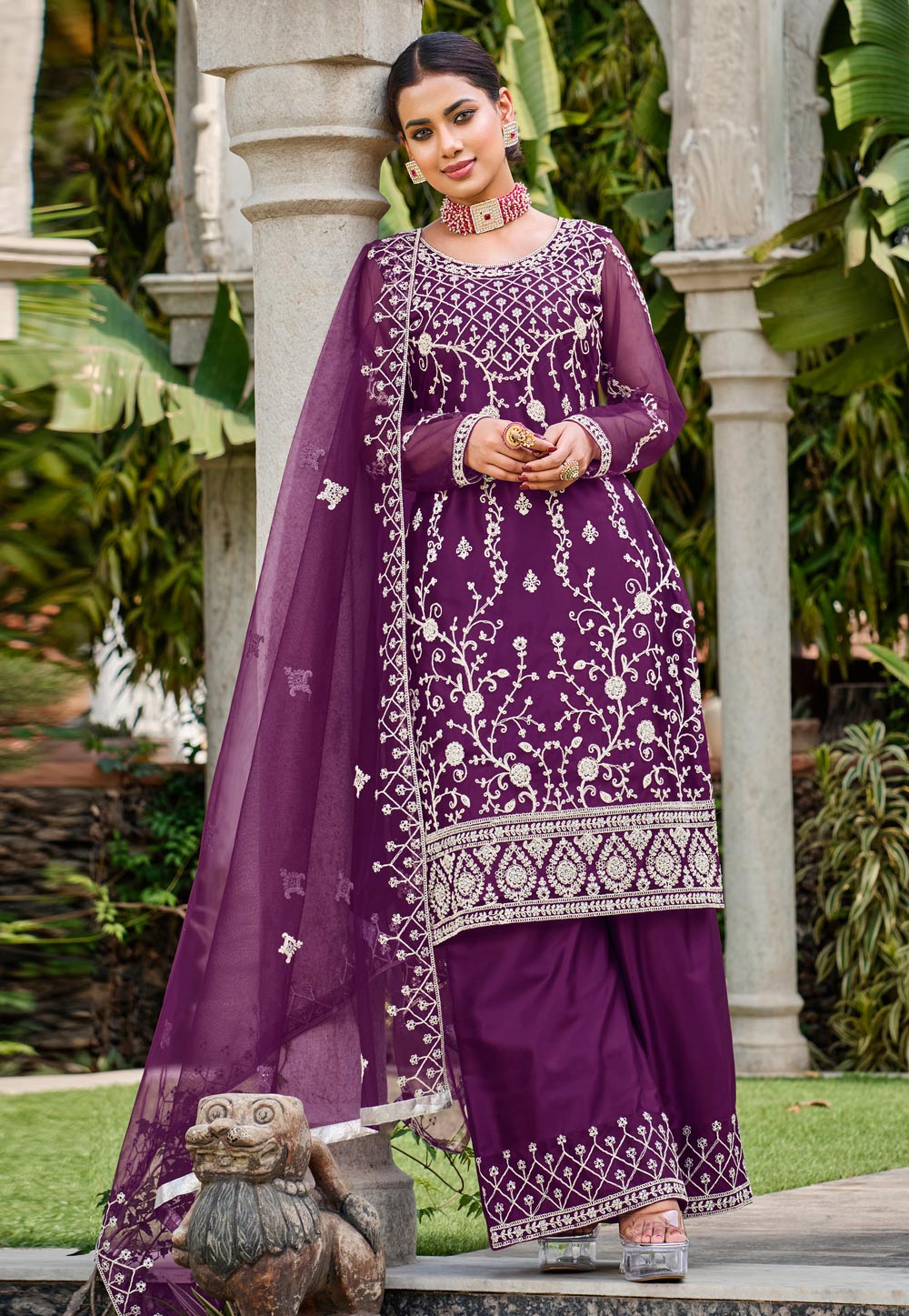 Purple Net Embroidered Palazzo Suit 282894