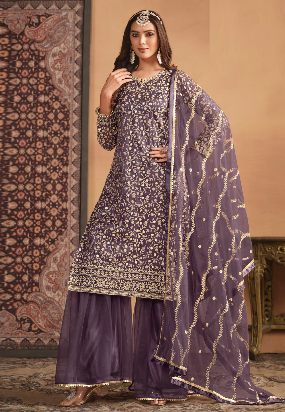 Purple Net Embroidered Sharara Suit 284114