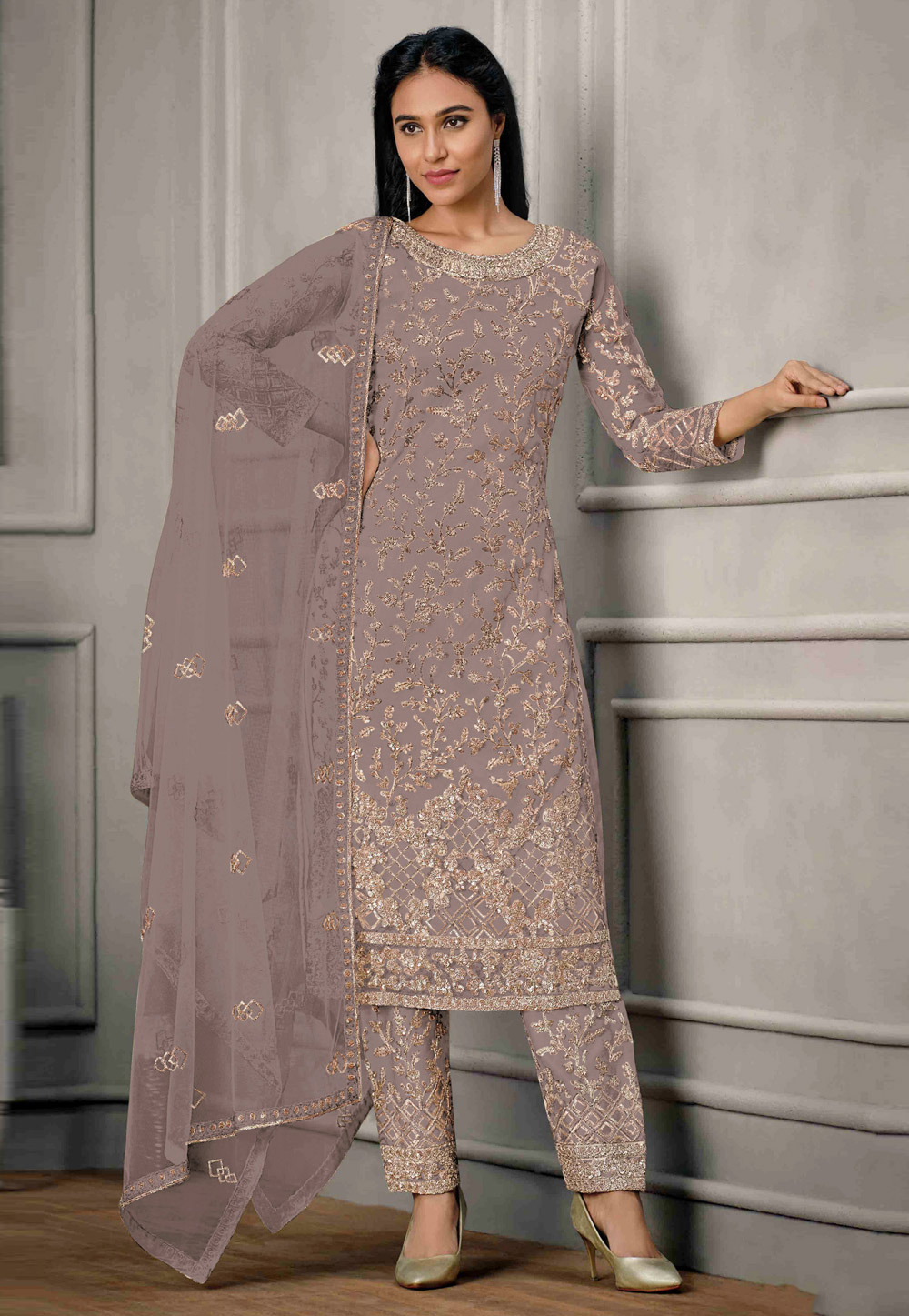 Purple Net Embroidered Straight Suit 279187
