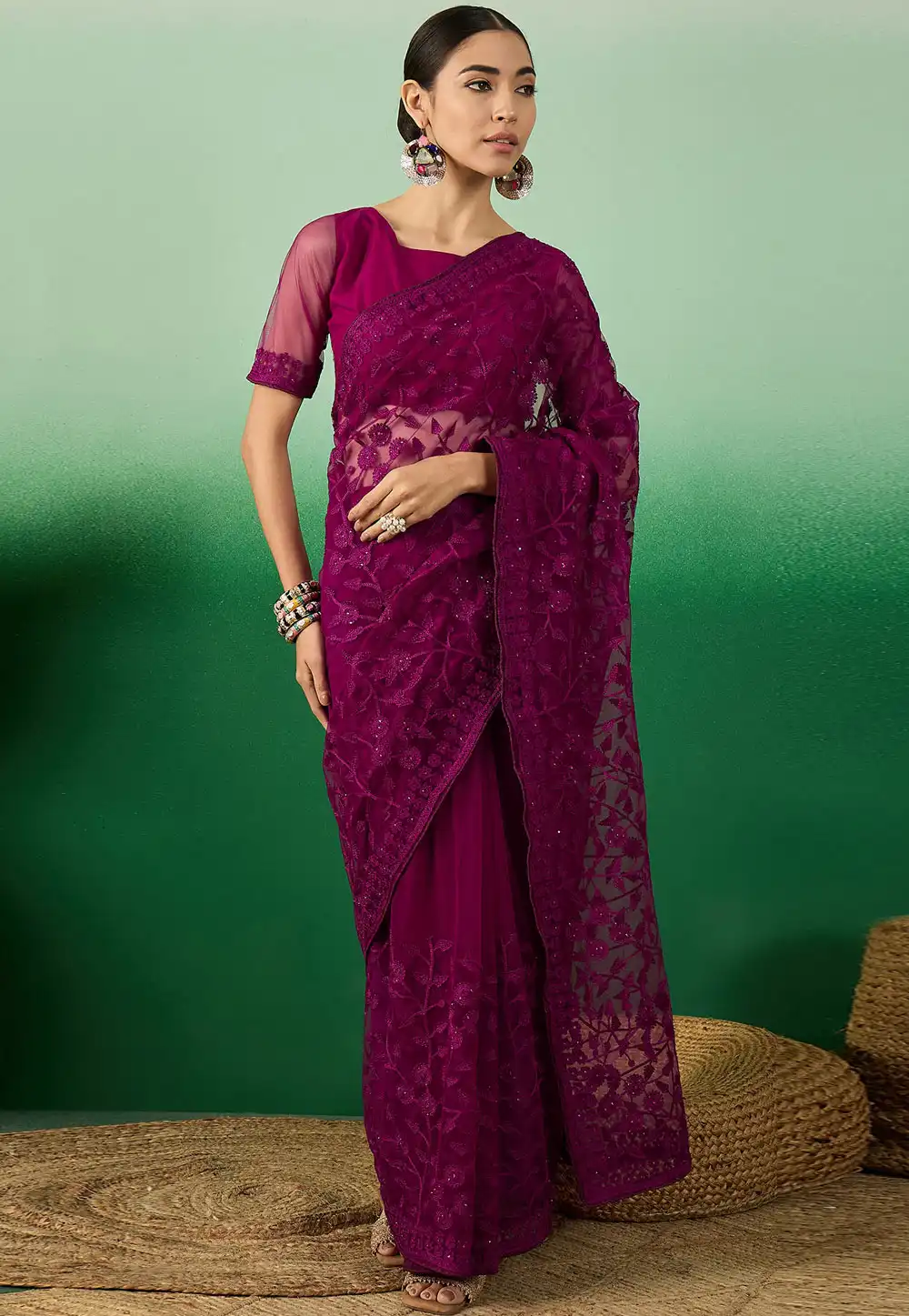 Purple Net Saree With Blouse 289766