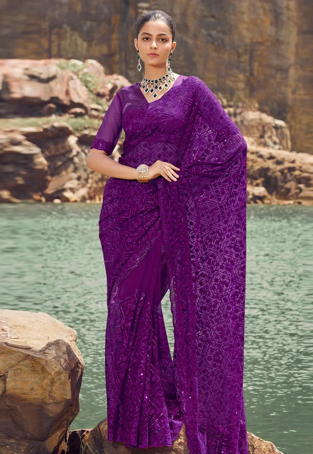 Purple Net Saree With Blouse 301937