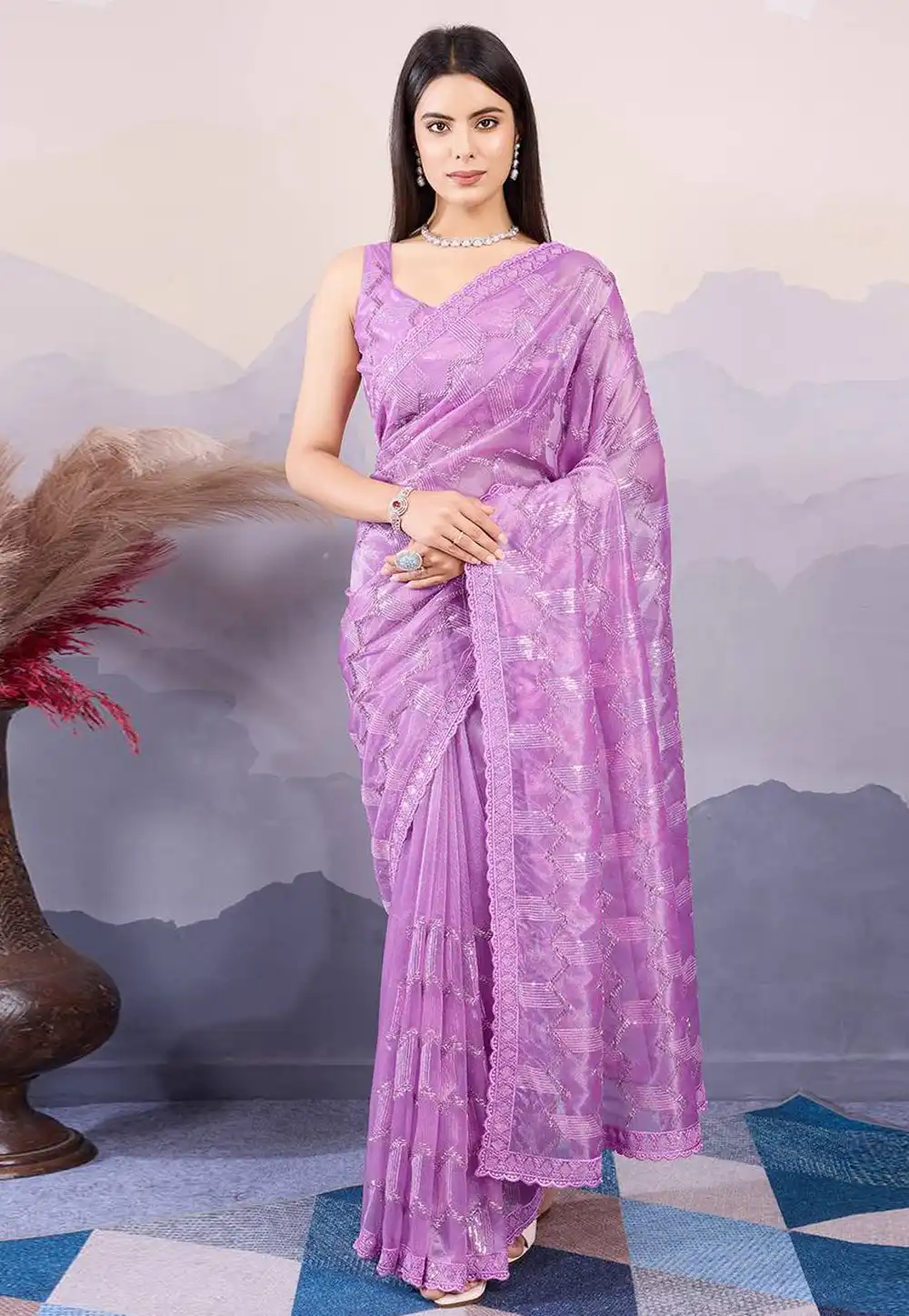 Purple Net Sequence Saree 294785