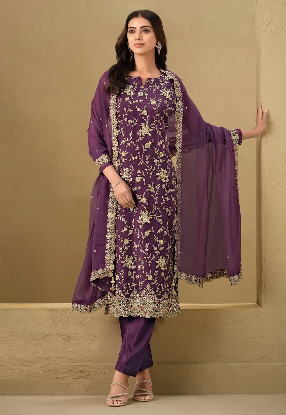 Purple Organza Embroidered Straight Suit 297786