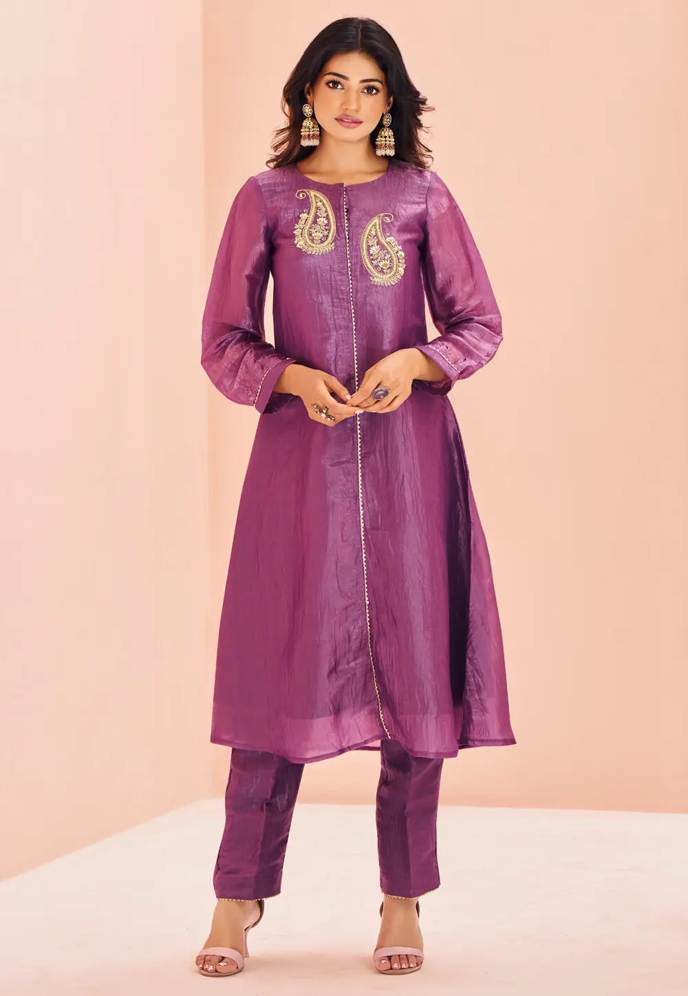 Purple Organza Kurta Set With Pent 298460