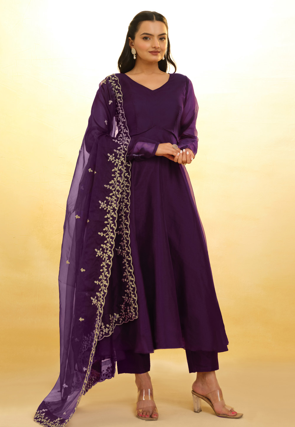Purple Organza Readymade Pant Style Suit 287458