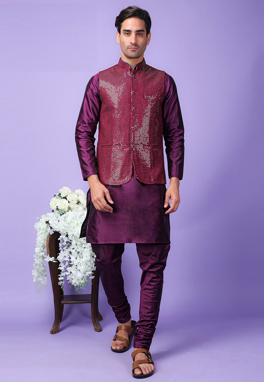 Purple Polyester Kurta Pajama With Jacket 286227