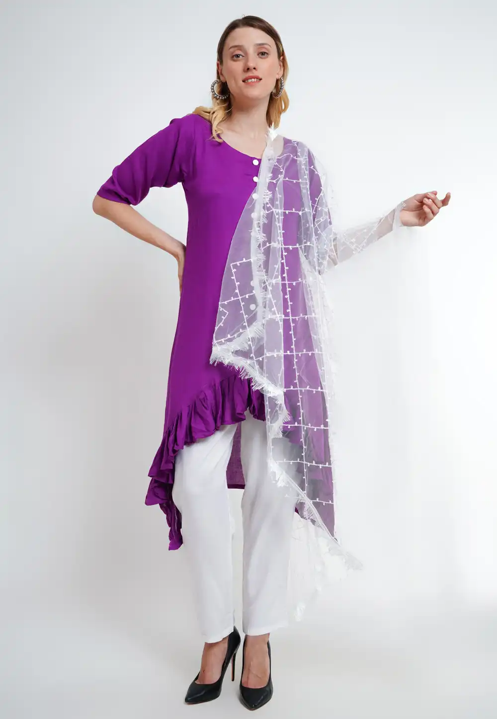 Purple Rayon Asymmetrical Salwar Kameez 290034