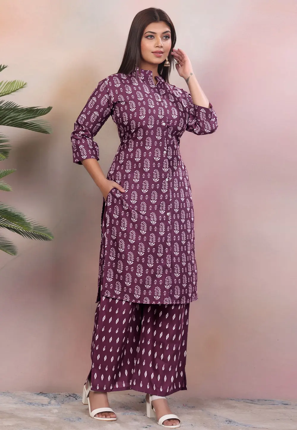 Purple Rayon Kurta Set With Palazzo 301077