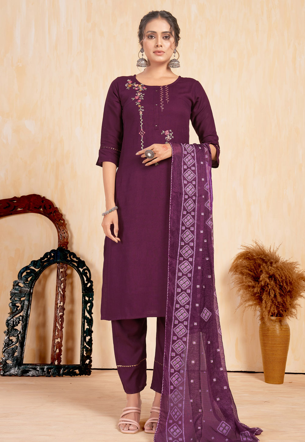 Purple Rayon Readymade Pant Style Suit 284579