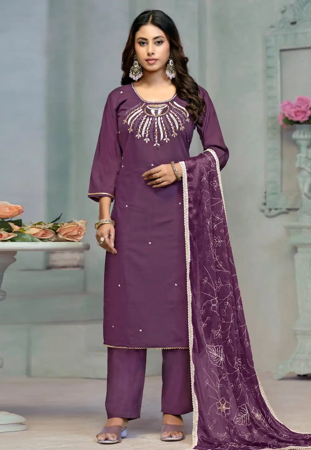 Purple Rayon Readymade Pant Style Suit 290795