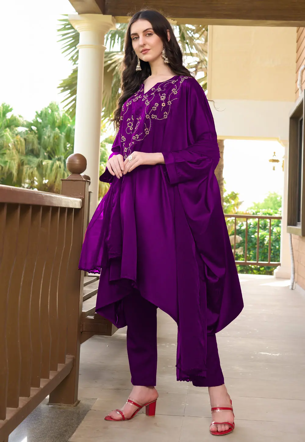 Purple Satin Asymmetrical Anarkali Suit 303339