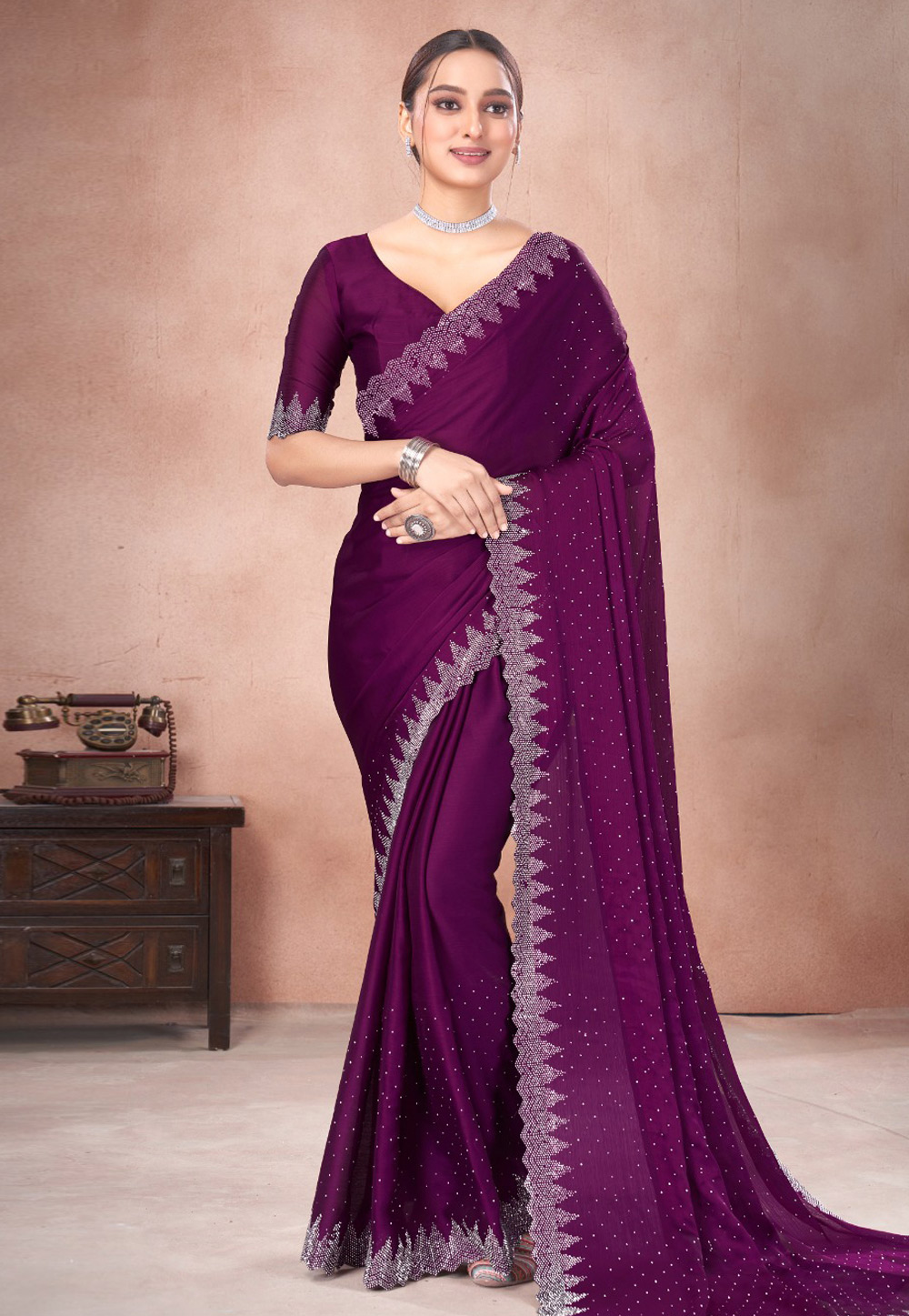 Purple Satin Chiffon Saree With Blouse 285868