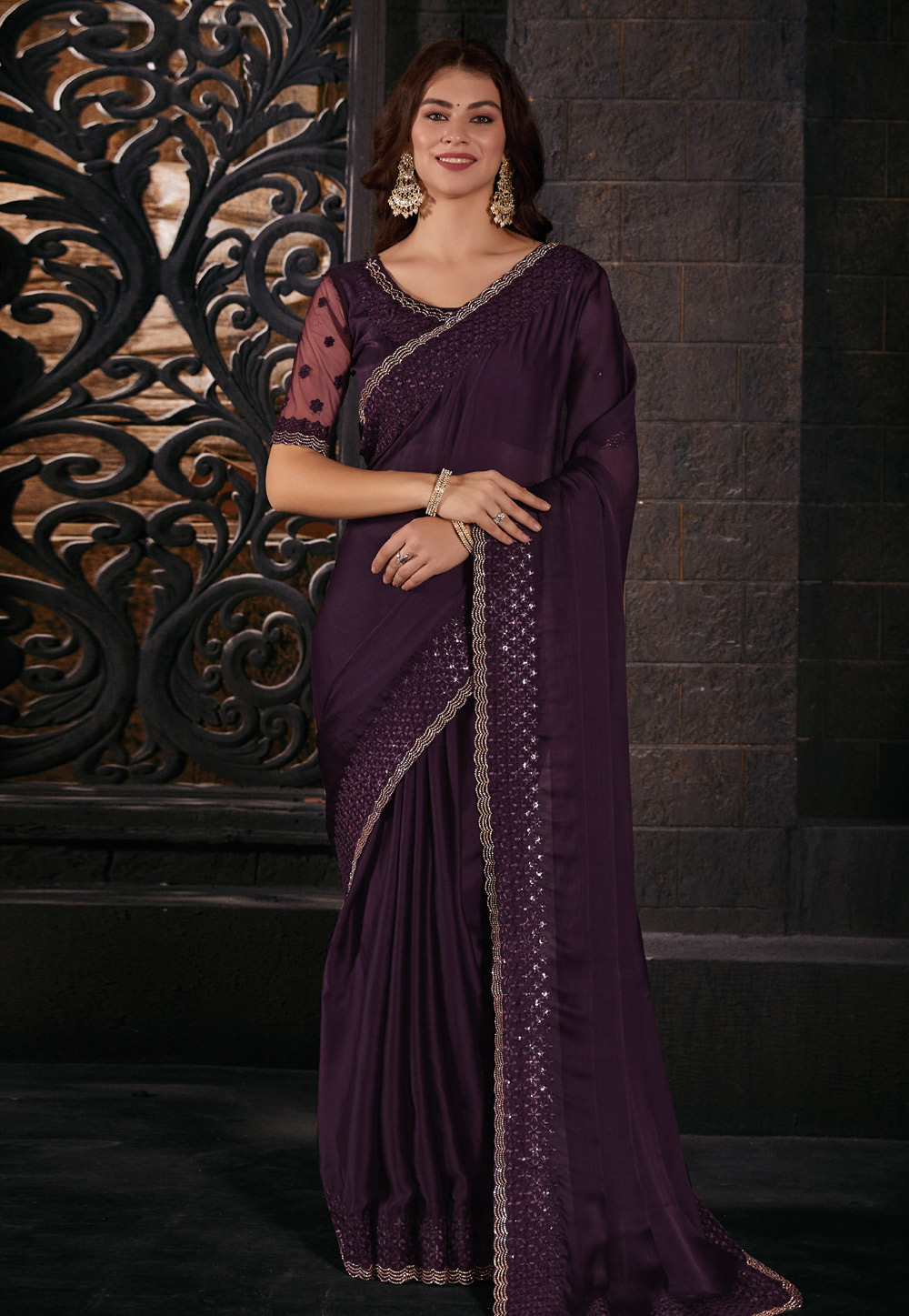 Purple Satin Chiffon Saree With Blouse 284385