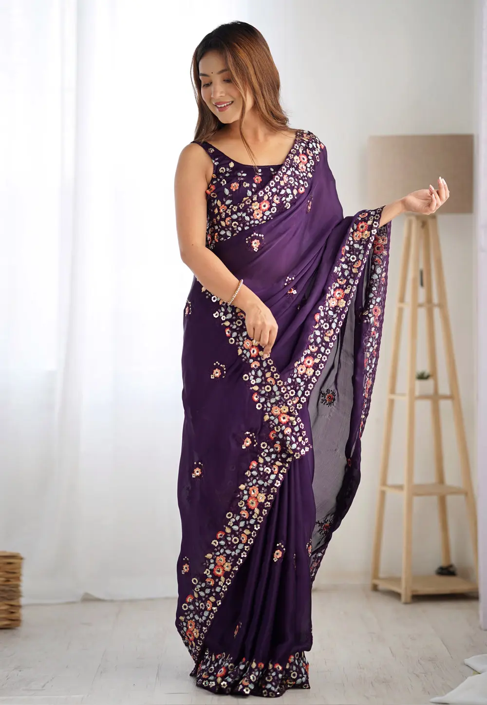 Purple Satin Chiffon Saree With Blouse 300321