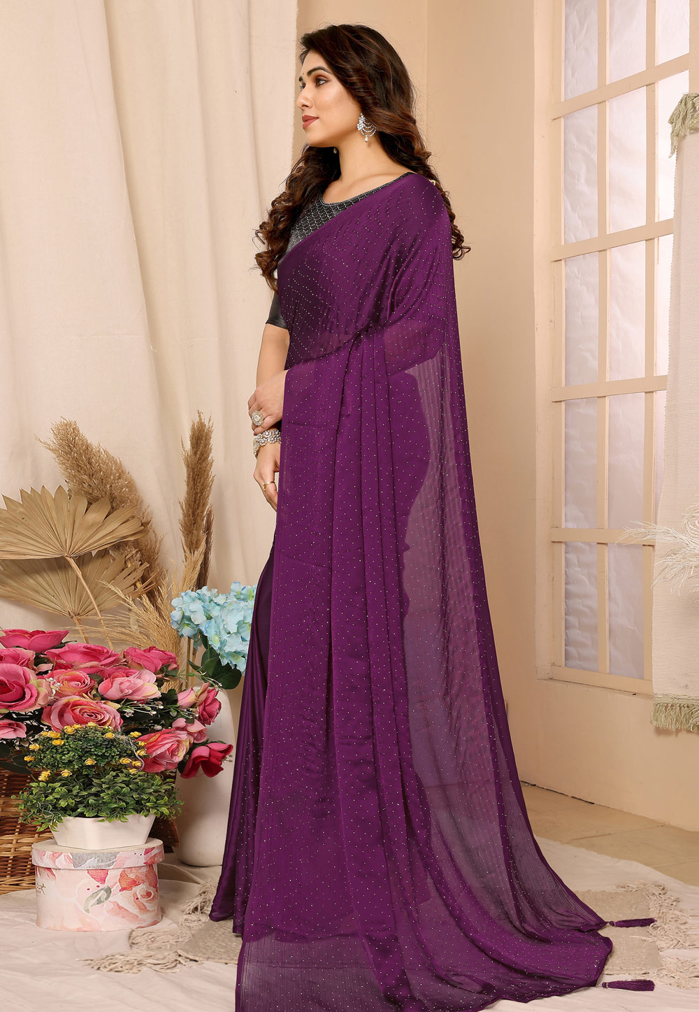 Purple Satin Chiffon Saree With Blouse 284620