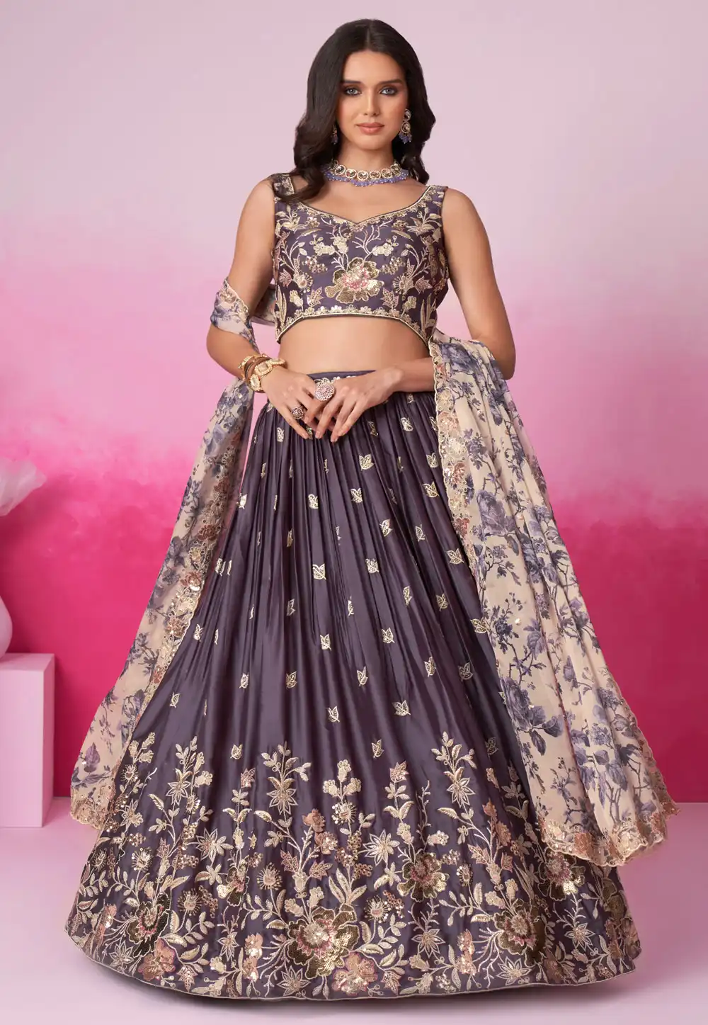 Purple Satin Circular Lehenga Choli 291197