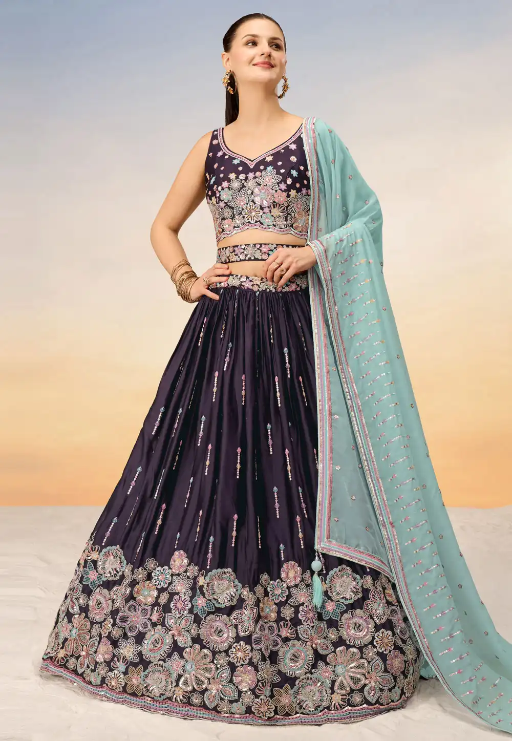 Purple Satin Circular Lehenga Choli 291804