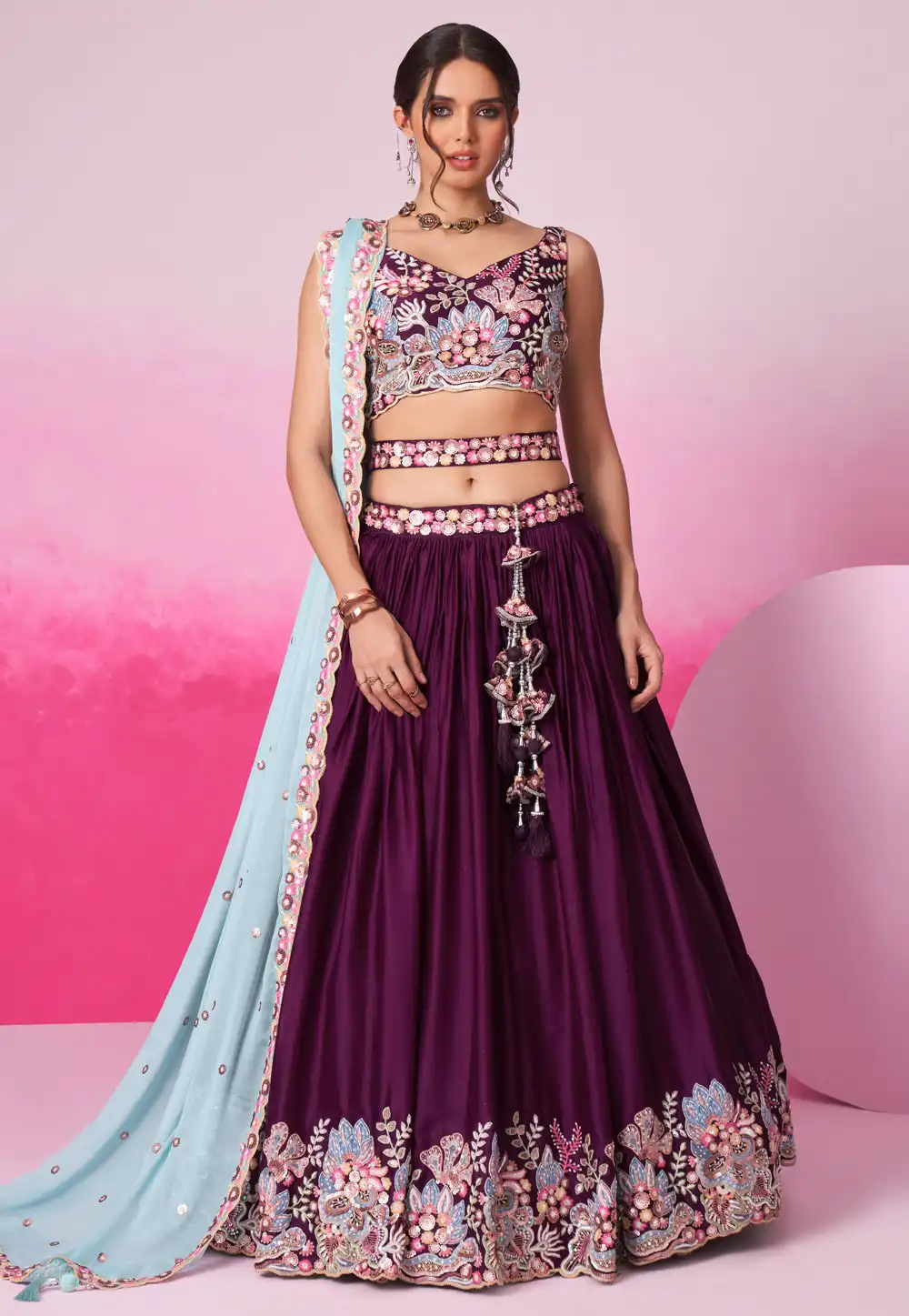 Purple Satin Circular Lehenga Choli 291690