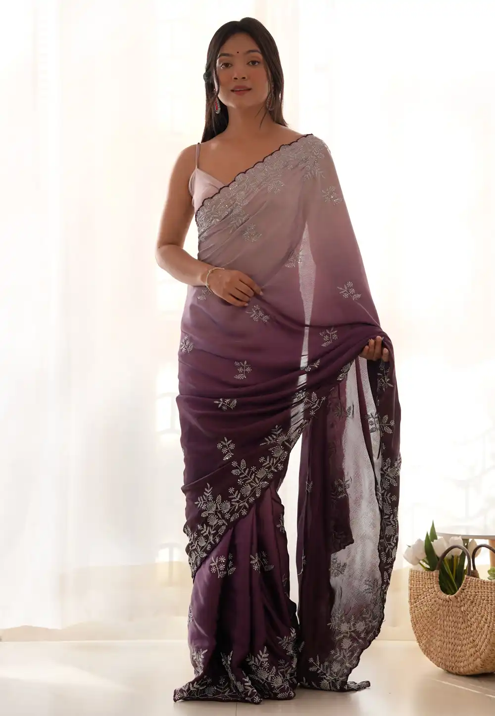 Purple Satin Saree With Blouse 291959