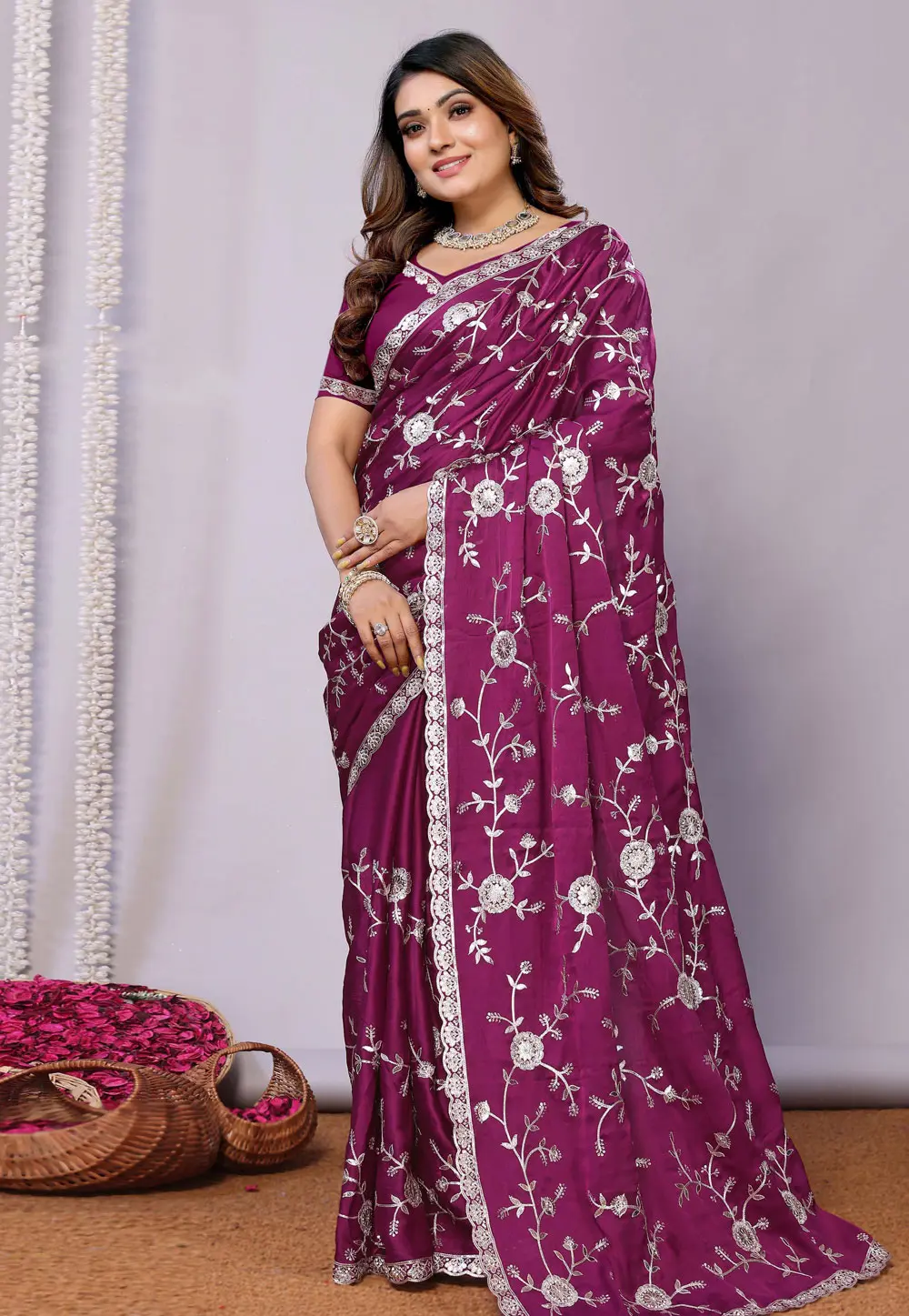 Purple Satin Saree With Blouse 300587