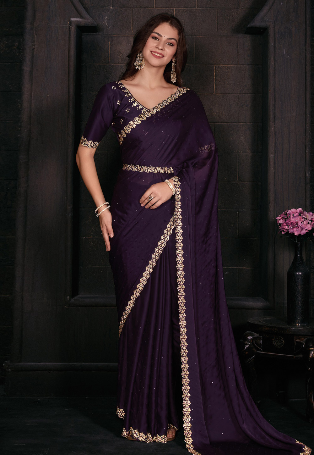 Purple Satin Saree With Blouse 284739