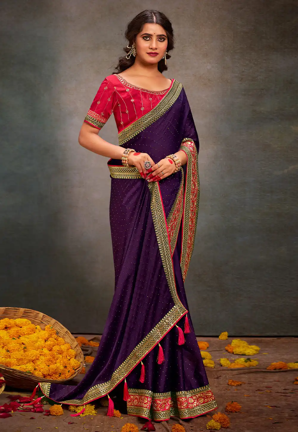 Purple Satin Saree With Blouse 291976