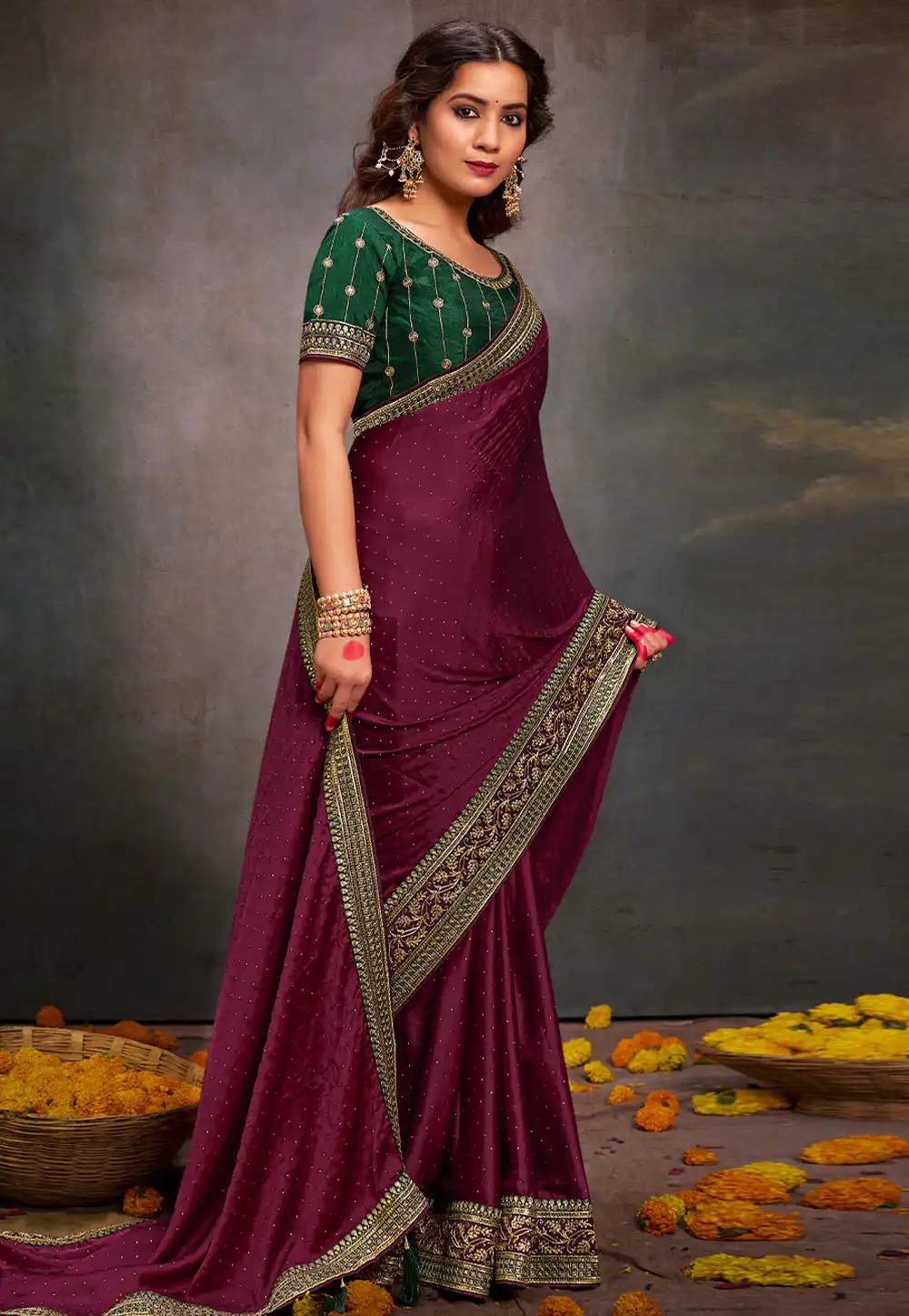 Purple Satin Saree With Blouse 291981