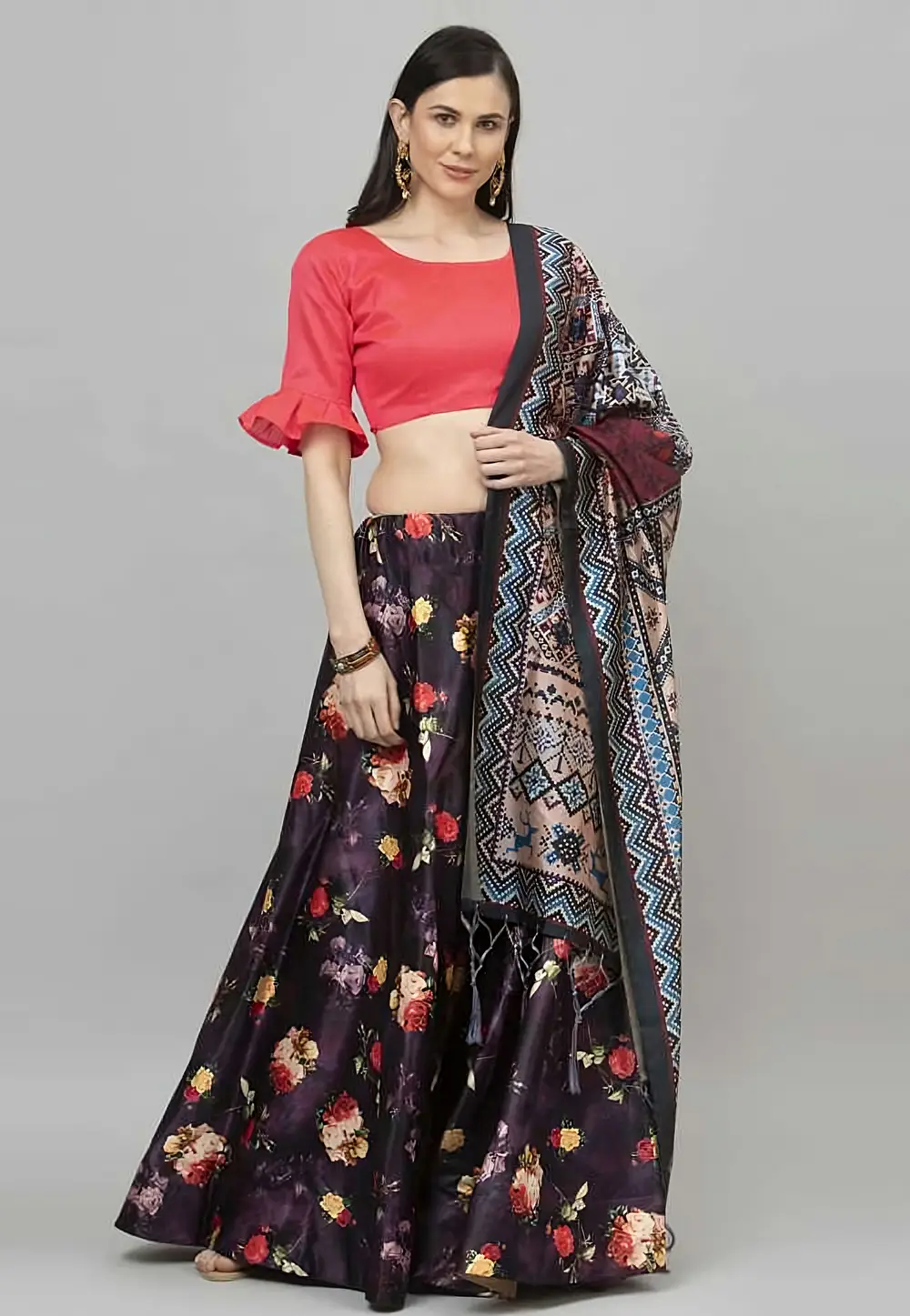 Purple Satin Silk Floral print Lehenga choli 297126