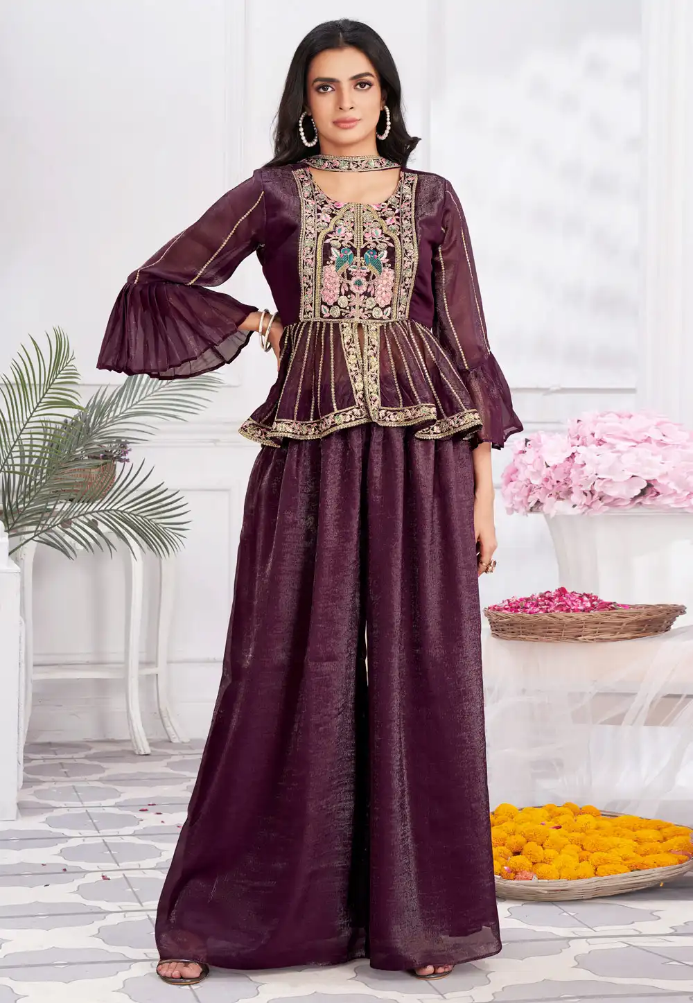 Purple Shimmer Georgette Sharara With Crop Top 288270