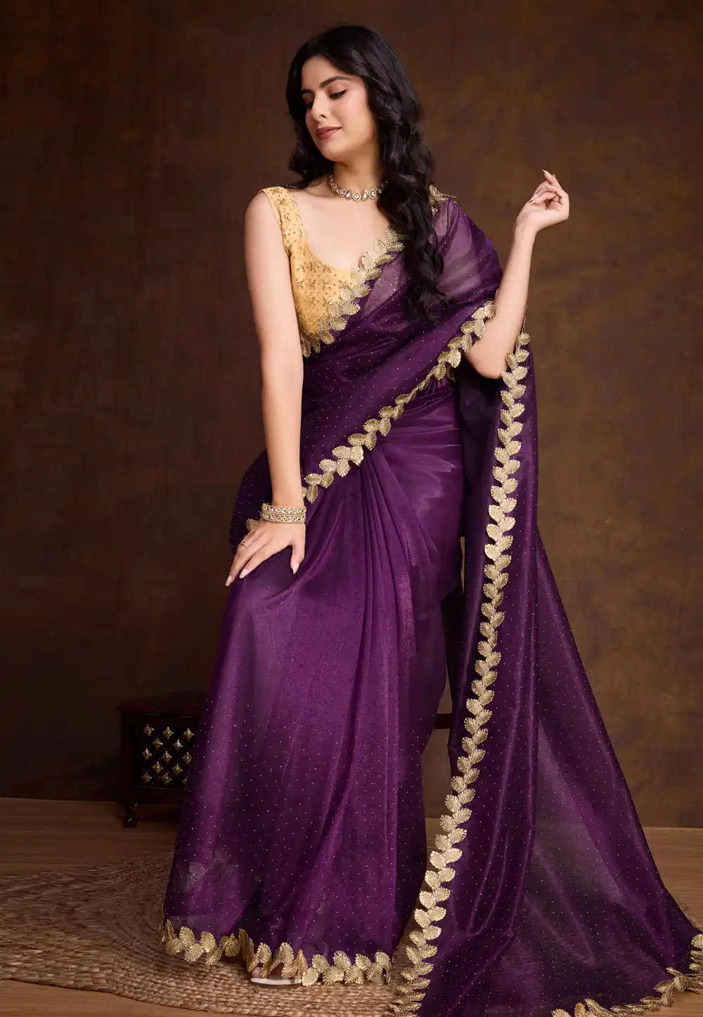 Purple Shimmer Net Saree With Blouse 294792