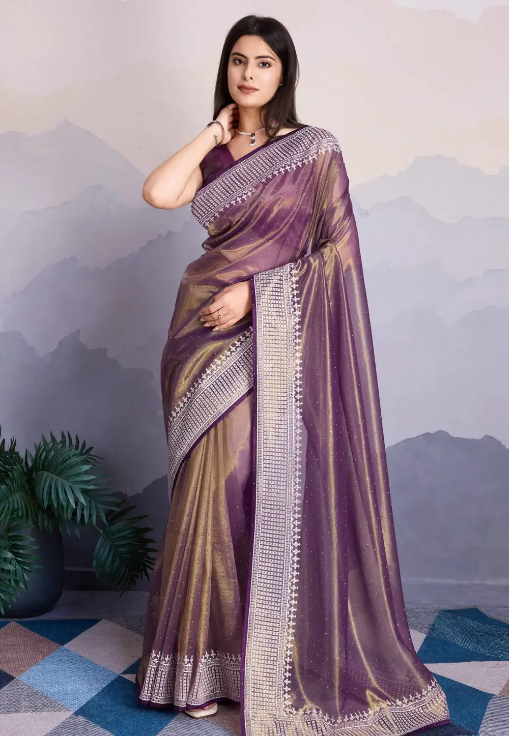 Purple Shimmer Net Saree With Blouse 294787