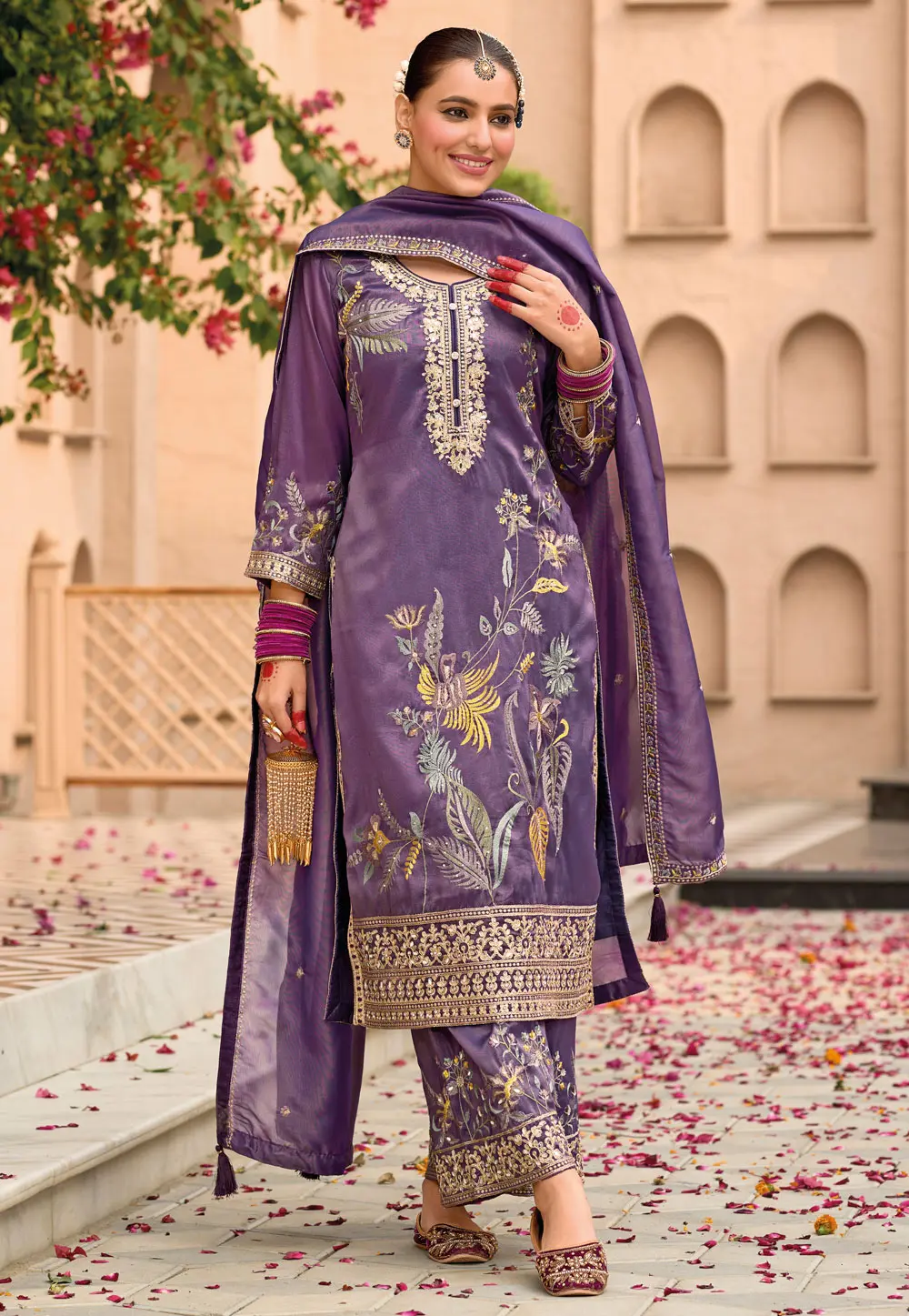 Purple Shimmer Readymade Palazzo Suit 303234