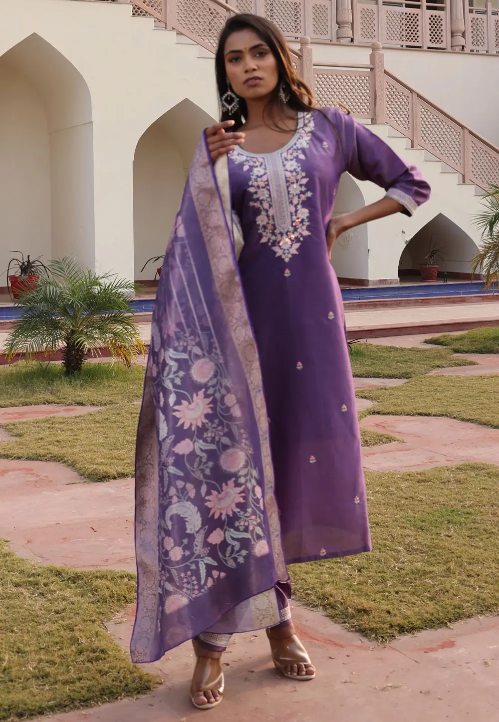 Purple Shimmer Readymade Pant Style Suit 304752