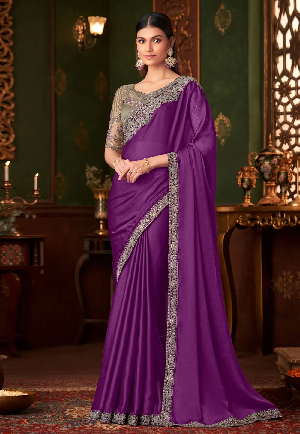 Purple Silk Chiffon Saree With Blouse 301109