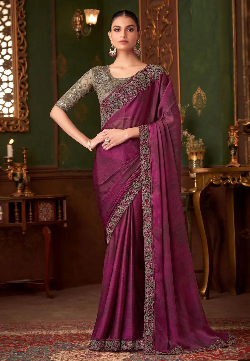 Purple Silk Chiffon Saree With Blouse 301115