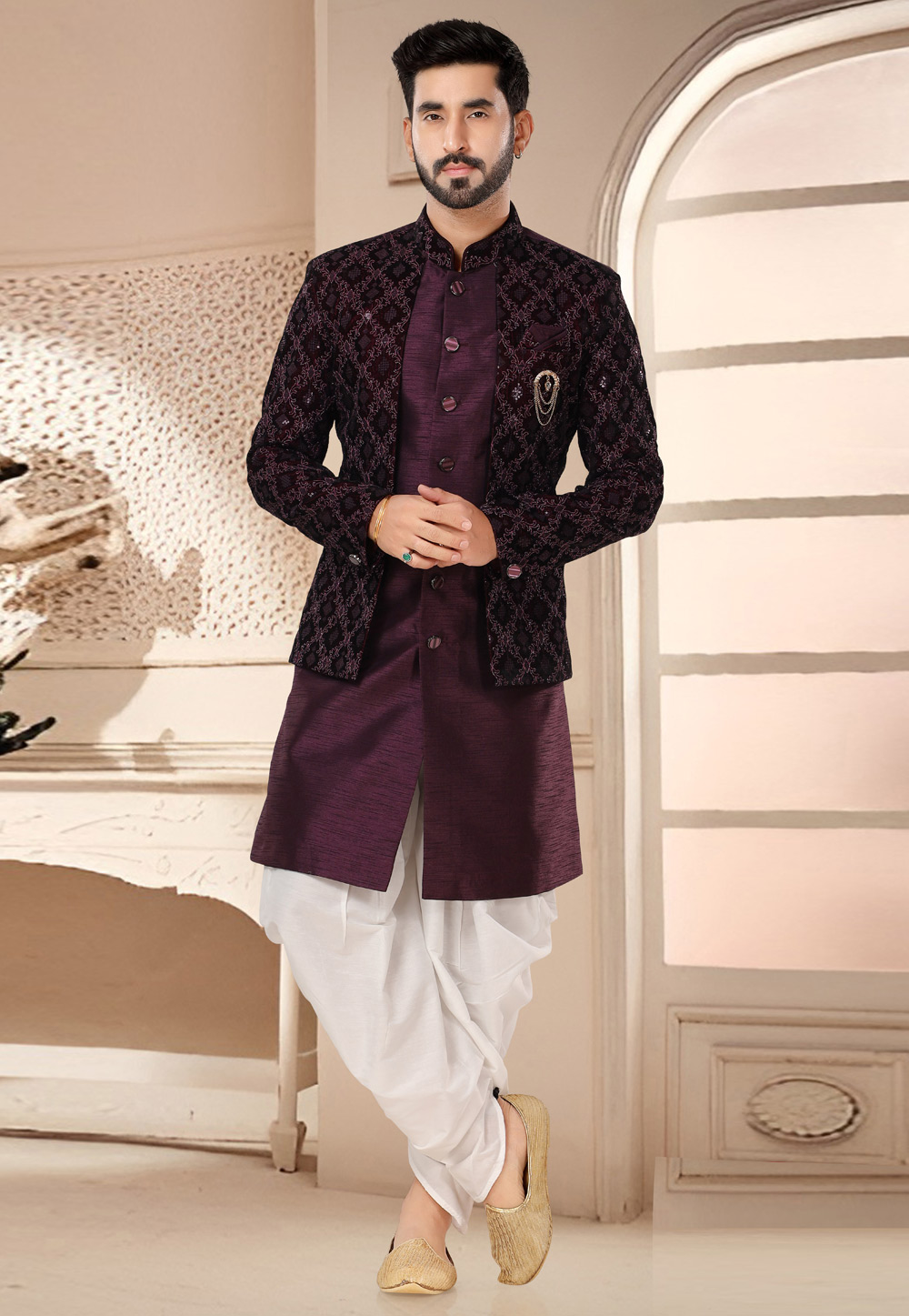 Purple Silk Dhoti Sherwani 285760