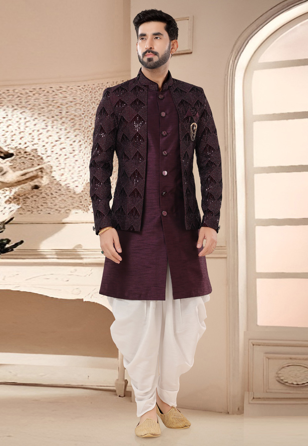 Purple Silk Dhoti Sherwani 285783