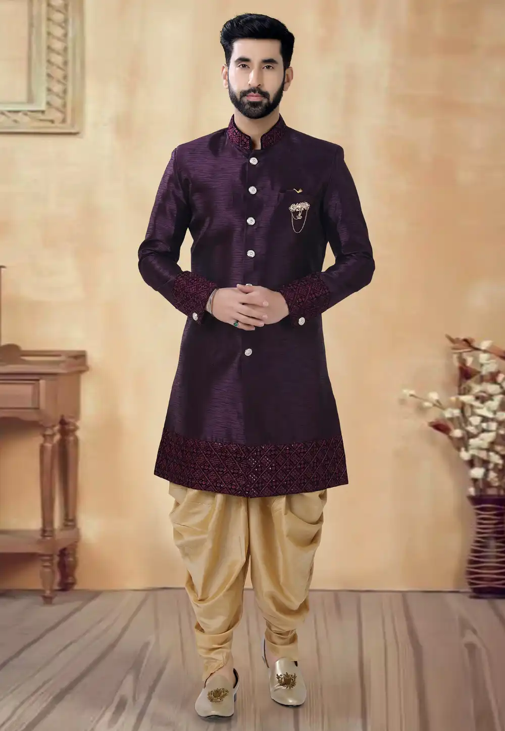 Purple Silk Dhoti Sherwani 292421