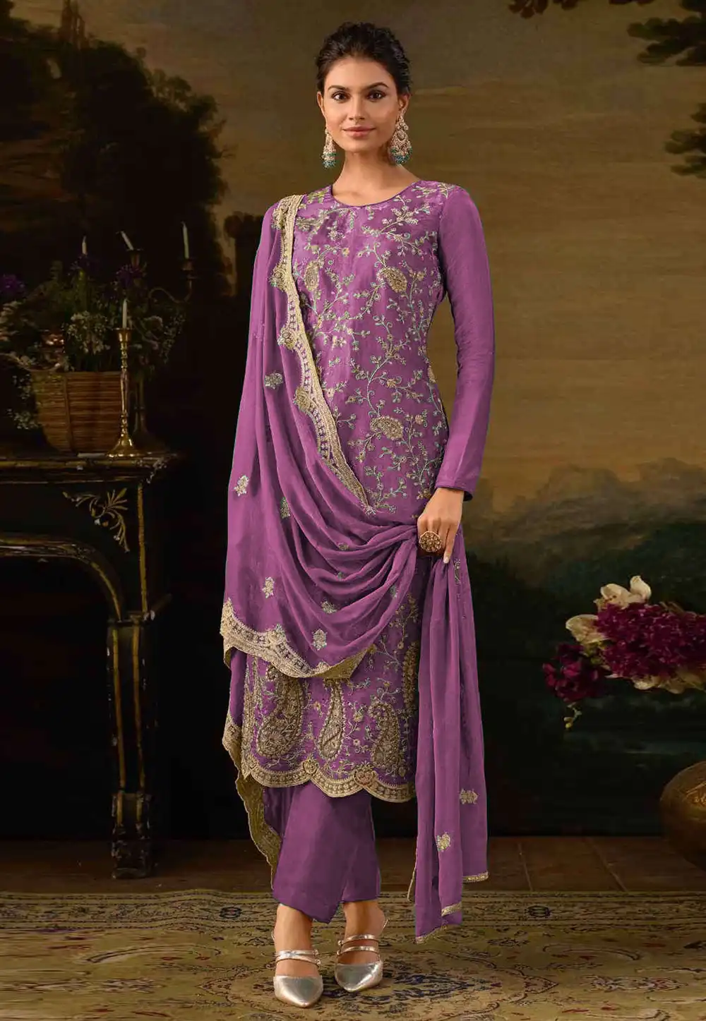 Purple Silk Embroidered Pakistani Suit 294425